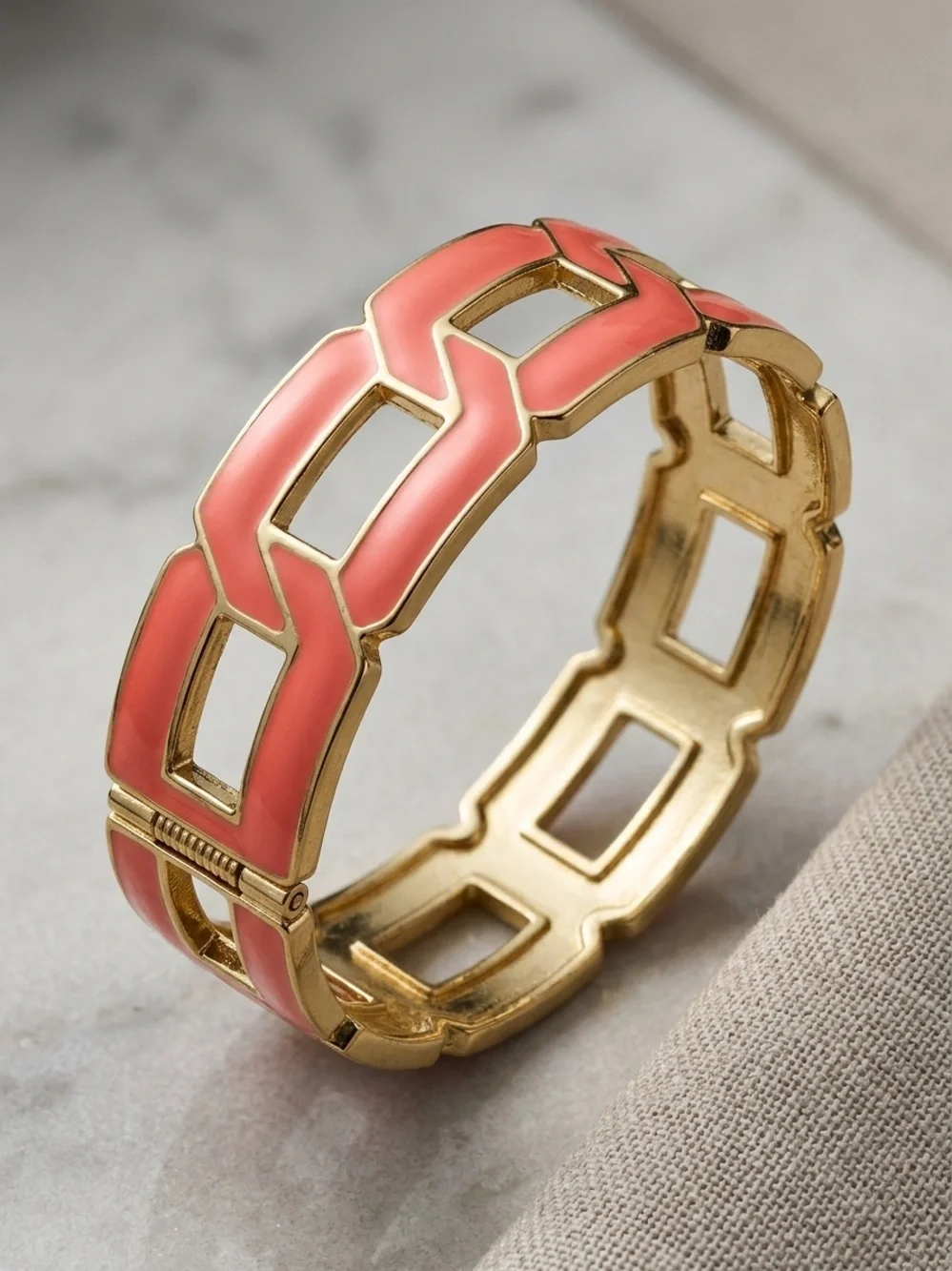 Vintage Gold-Tone Coral Enamel Geometric Link Hinged Bangle Bracelet